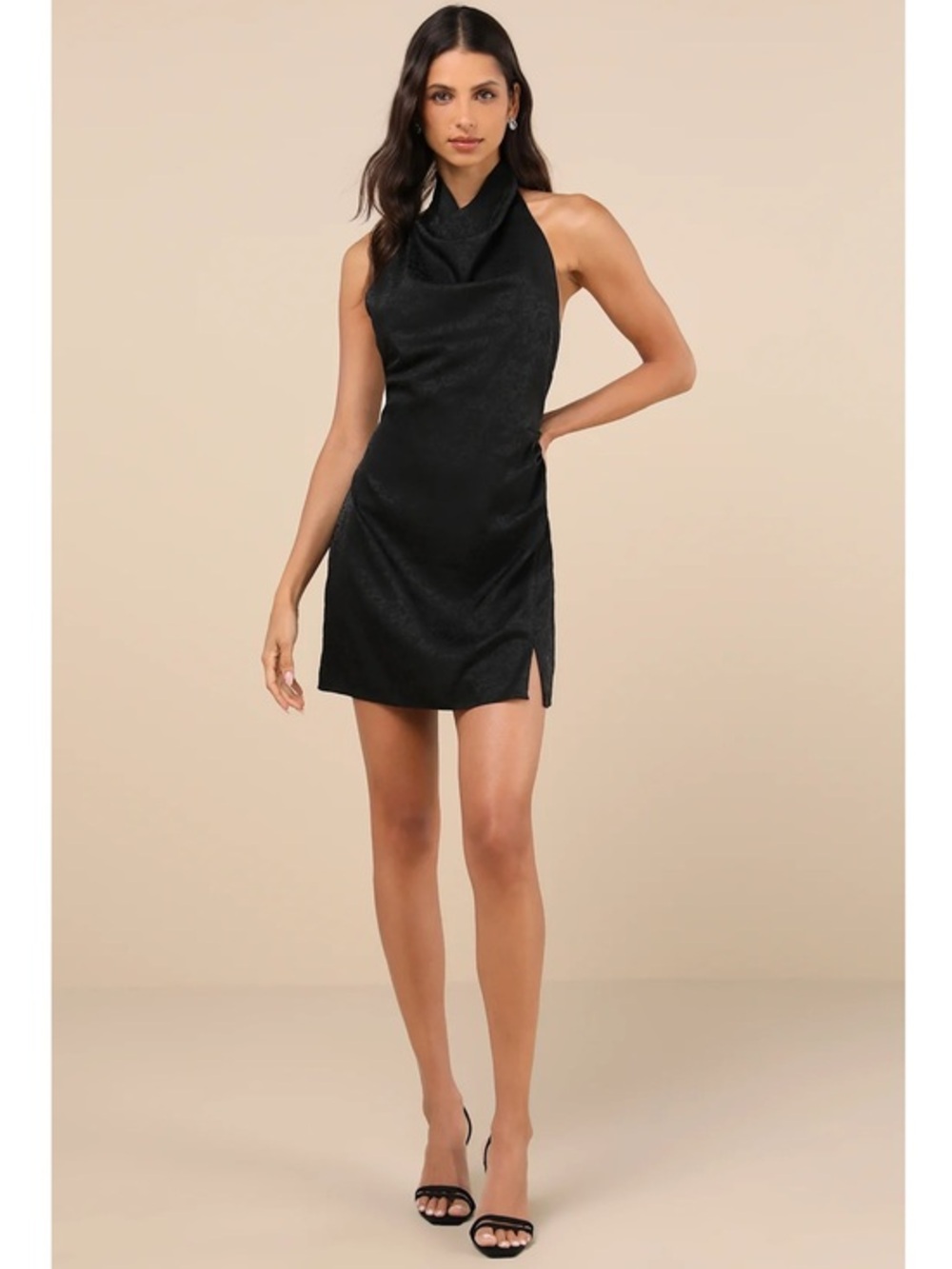 NWT Lulu’s Simply a Stunner Black Jacquard Cowl Backless Mini Dress Bodycon Chic